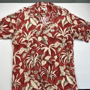 Pierre Cardin Hawaiian Men's Shirt Large Red Print Floral Short Sleeve Button Up